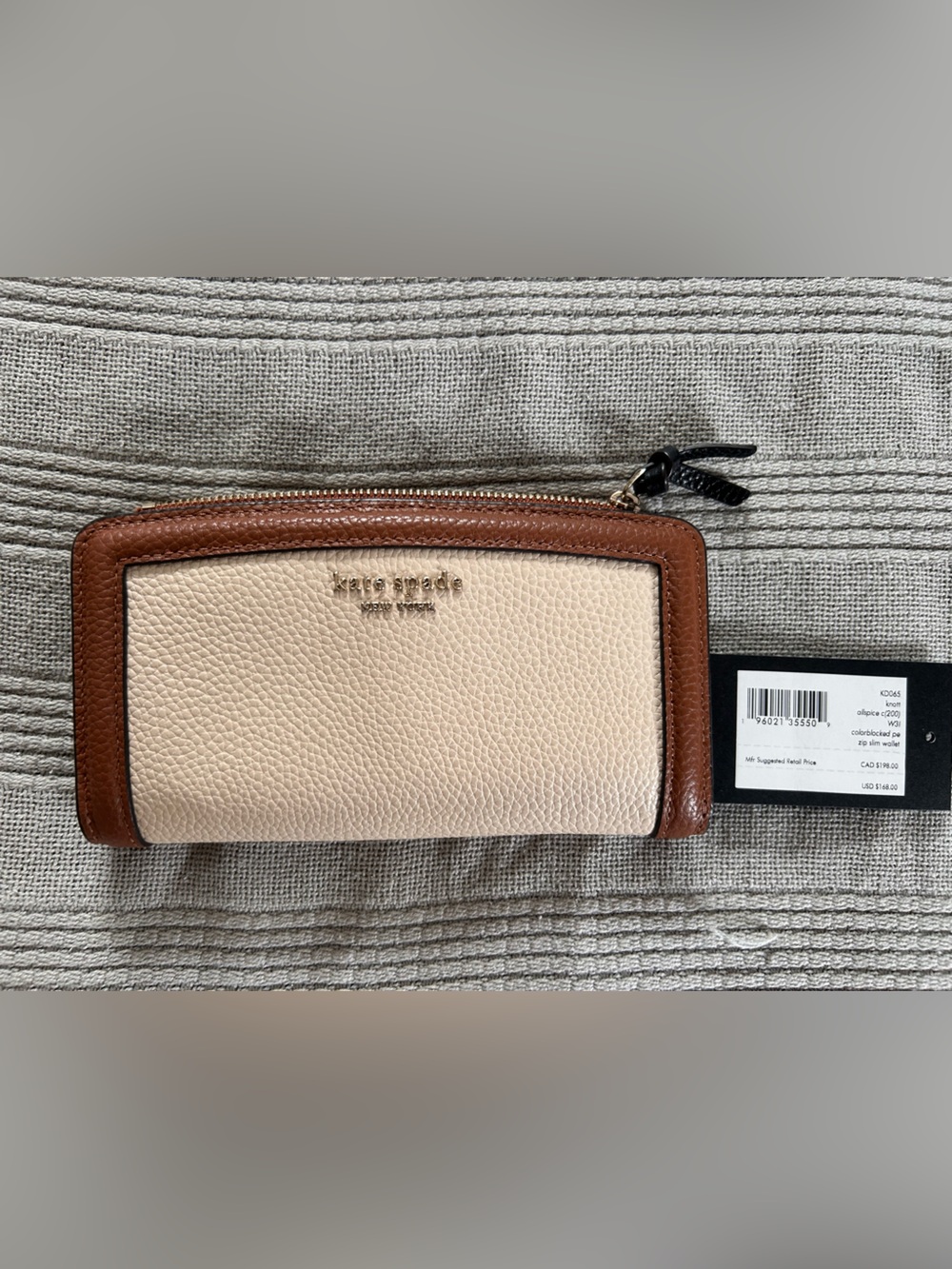 kate spade Cream and Brown Pebbled Leather Zip Wallet